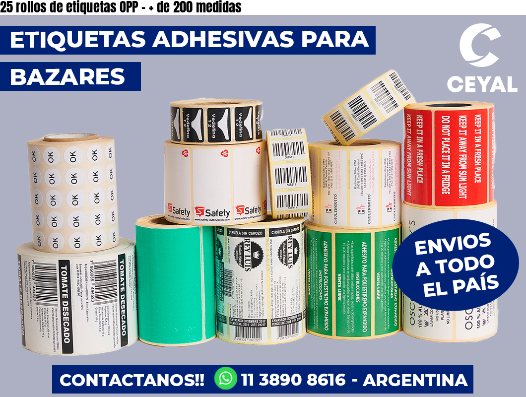 25 rollos de etiquetas OPP – + de 200 medidas