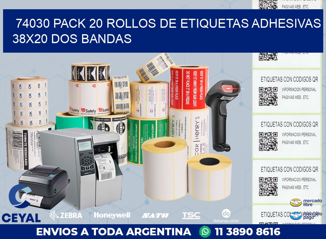 74030 PACK 20 ROLLOS DE ETIQUETAS ADHESIVAS 38X20 DOS BANDAS