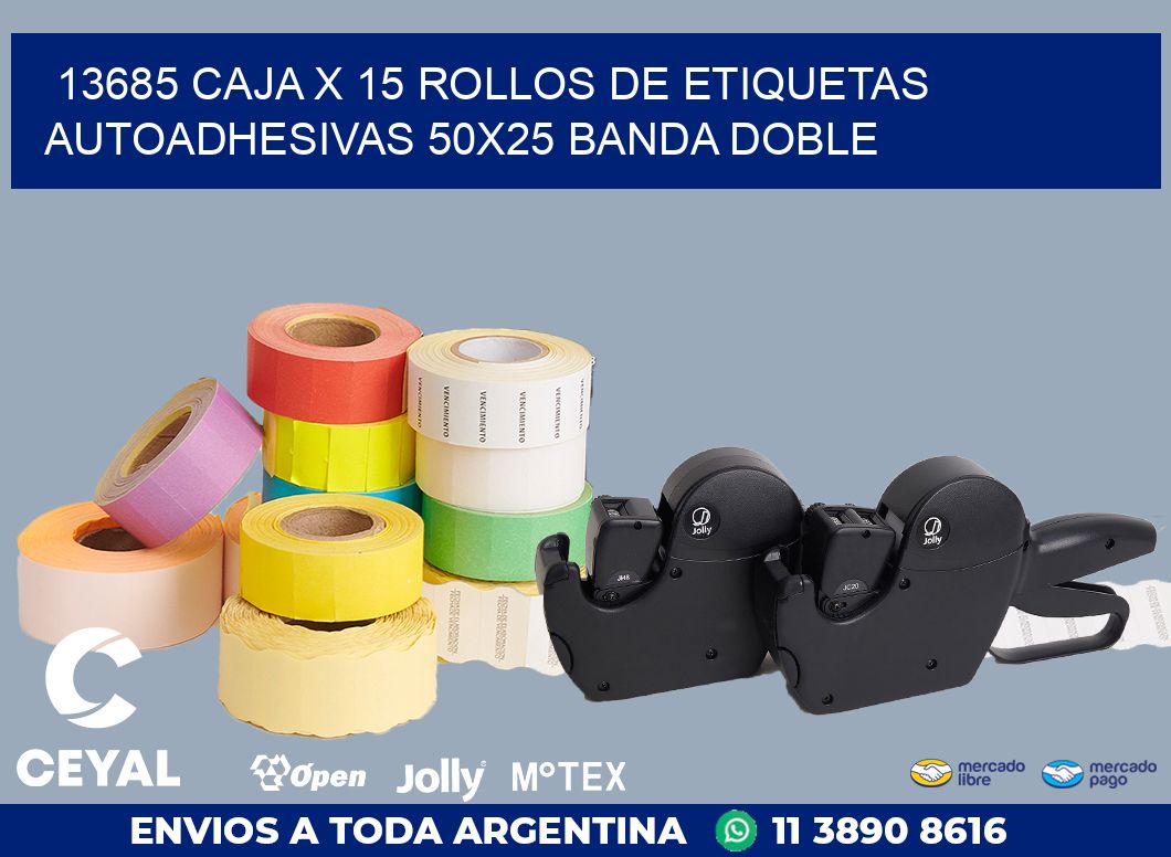13685 CAJA X 15 ROLLOS DE ETIQUETAS AUTOADHESIVAS 50X25 BANDA DOBLE
