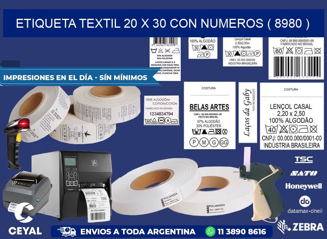 ETIQUETA TEXTIL 20 X 30 CON NUMEROS ( 8980 )