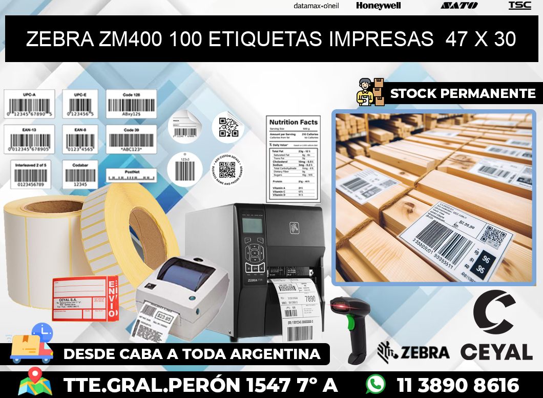 ZEBRA ZM400 100 ETIQUETAS IMPRESAS  47 x 30