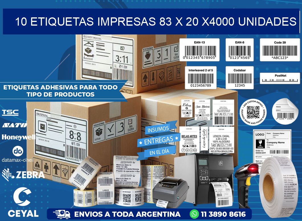 10 ETIQUETAS IMPRESAS 83 x 20 X4000 UNIDADES