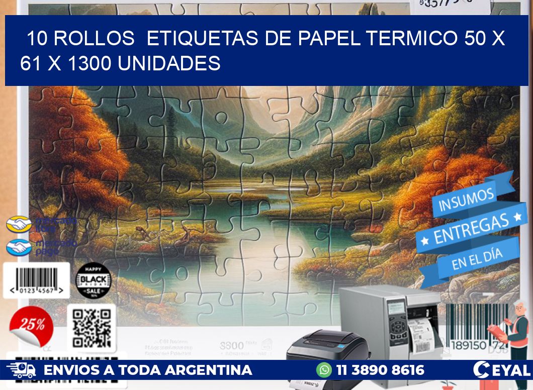10 ROLLOS  ETIQUETAS DE PAPEL TERMICO 50 x 61 X 1300 UNIDADES