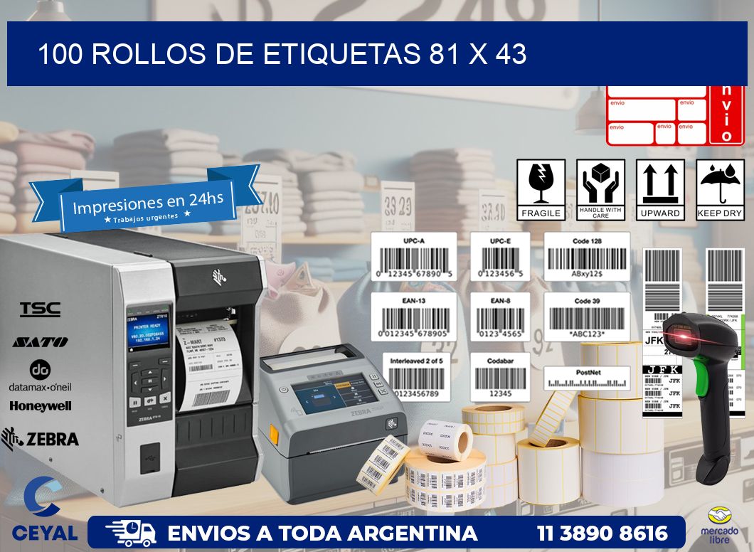 100 ROLLOS DE ETIQUETAS 81 x 43