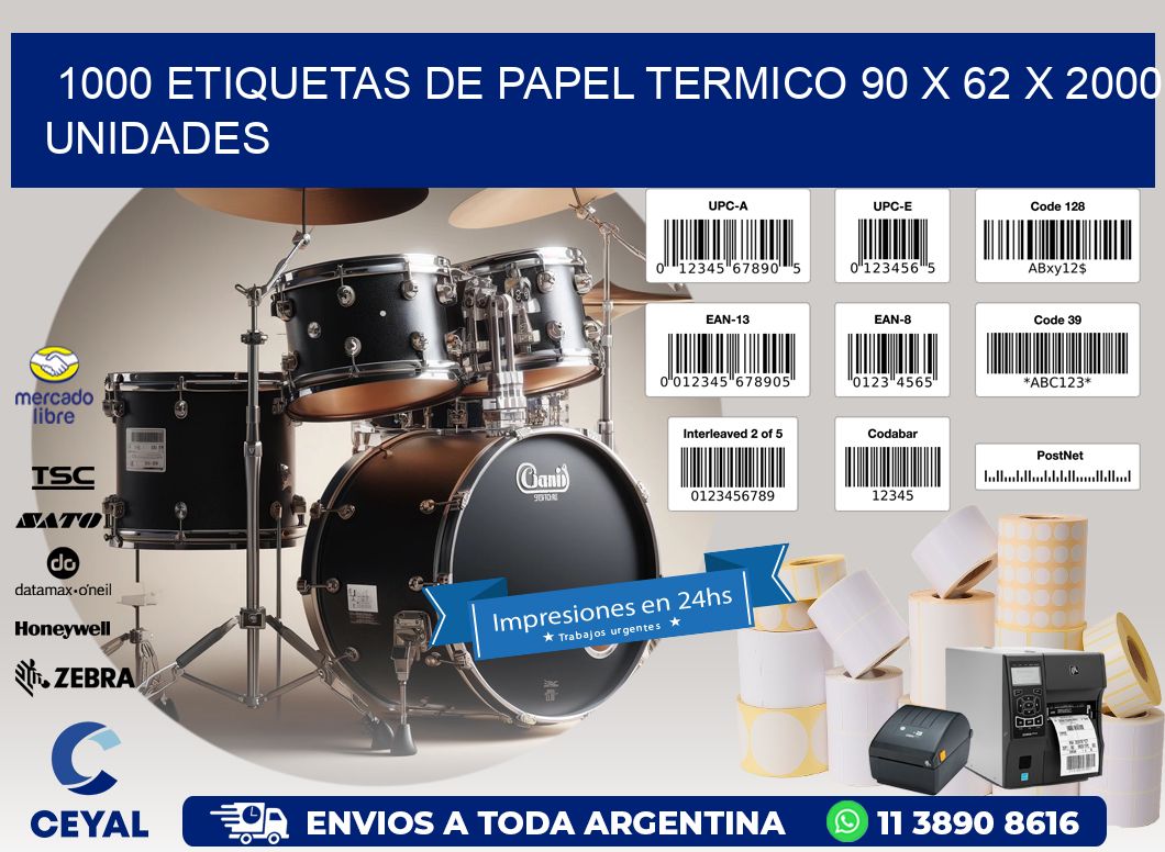 1000 ETIQUETAS DE PAPEL TERMICO 90 x 62 X 2000 UNIDADES