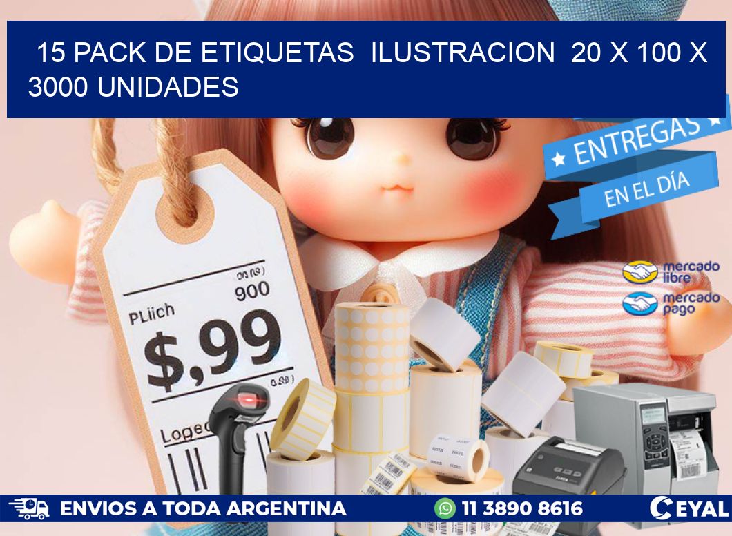 15 PACK DE ETIQUETAS  ILUSTRACION  20 x 100 X 3000 UNIDADES