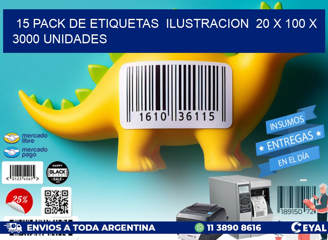 15 PACK DE ETIQUETAS  ILUSTRACION  20 x 100 X 3000 UNIDADES