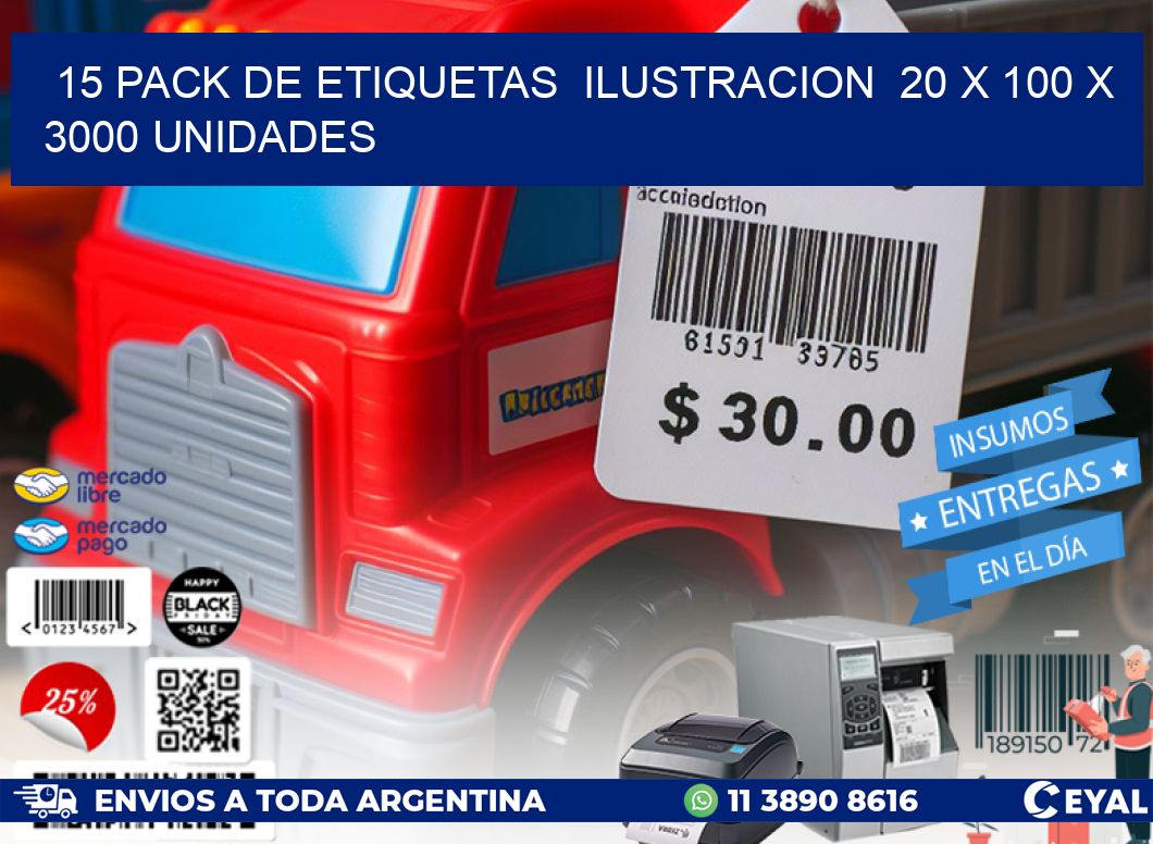 15 PACK DE ETIQUETAS  ILUSTRACION  20 x 100 X 3000 UNIDADES