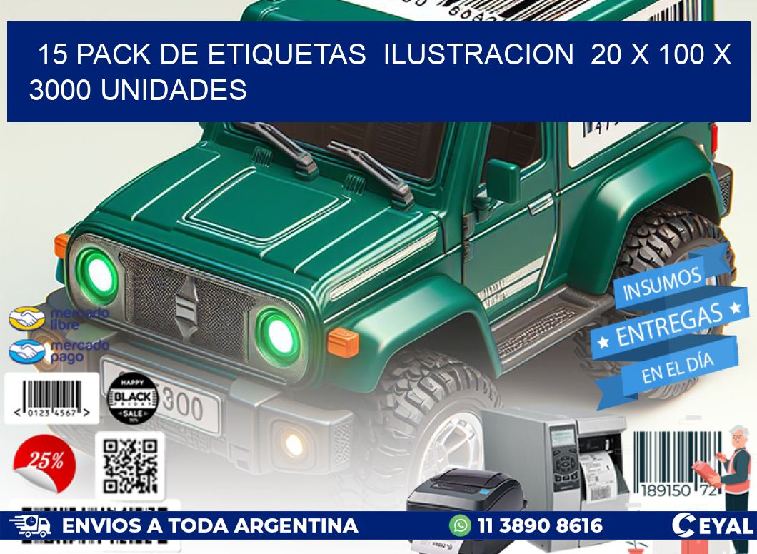 15 PACK DE ETIQUETAS  ILUSTRACION  20 x 100 X 3000 UNIDADES