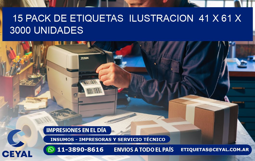 15 PACK DE ETIQUETAS  ILUSTRACION  41 x 61 X 3000 UNIDADES