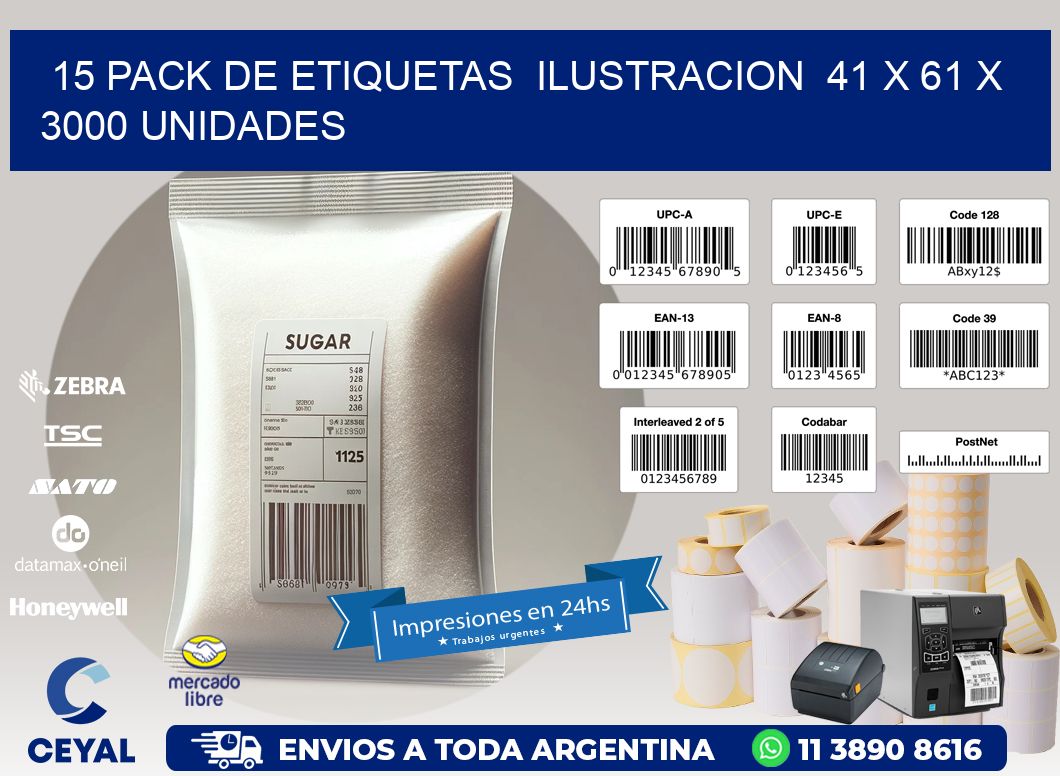 15 PACK DE ETIQUETAS  ILUSTRACION  41 x 61 X 3000 UNIDADES