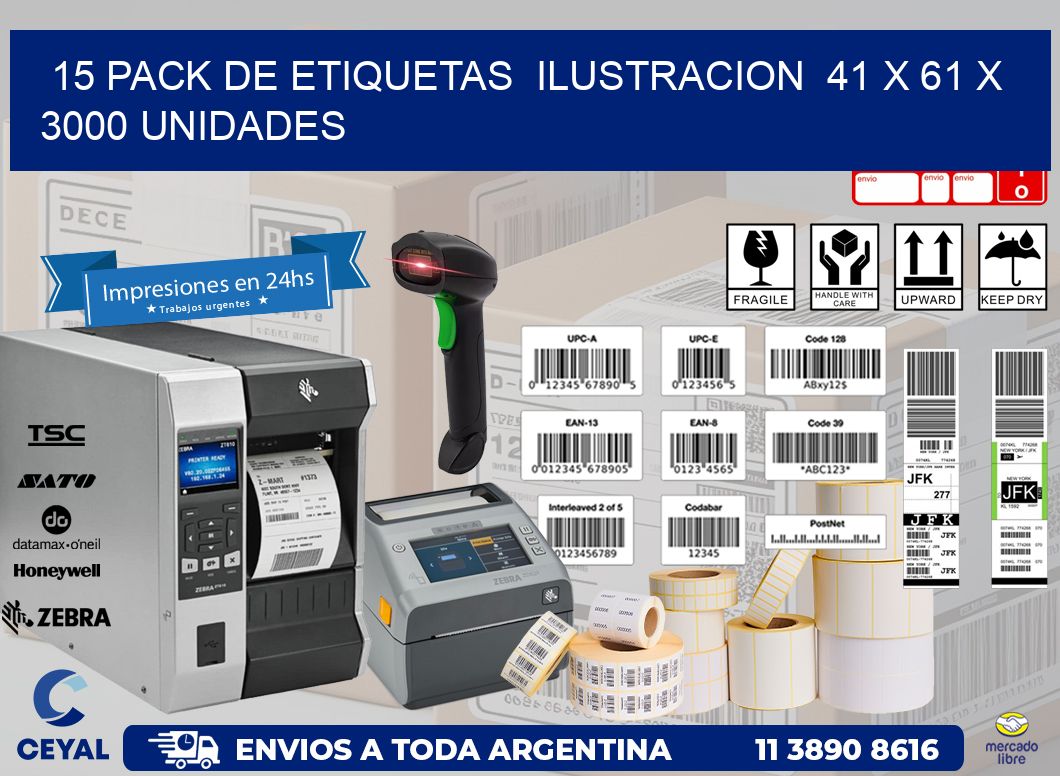 15 PACK DE ETIQUETAS  ILUSTRACION  41 x 61 X 3000 UNIDADES