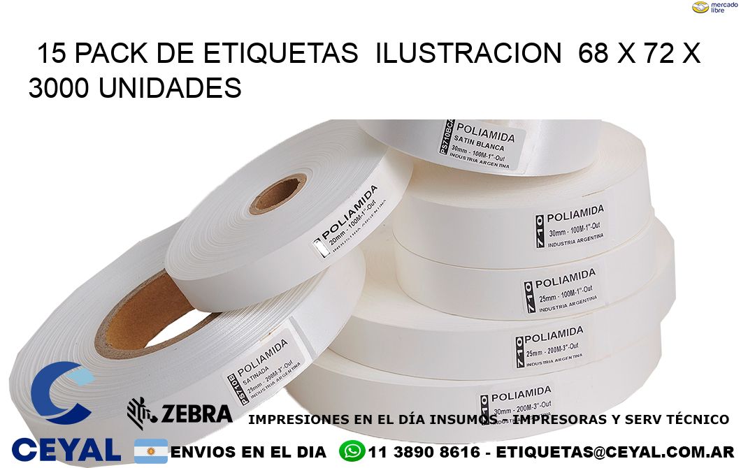 15 PACK DE ETIQUETAS  ILUSTRACION  68 x 72 X 3000 UNIDADES