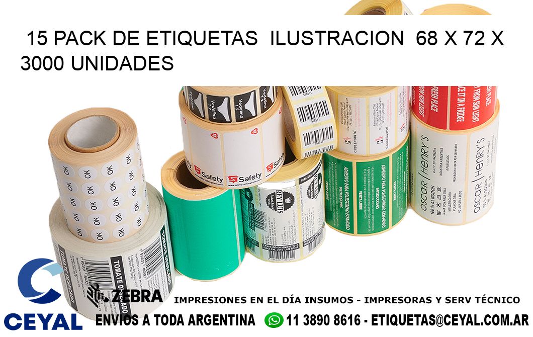 15 PACK DE ETIQUETAS  ILUSTRACION  68 x 72 X 3000 UNIDADES