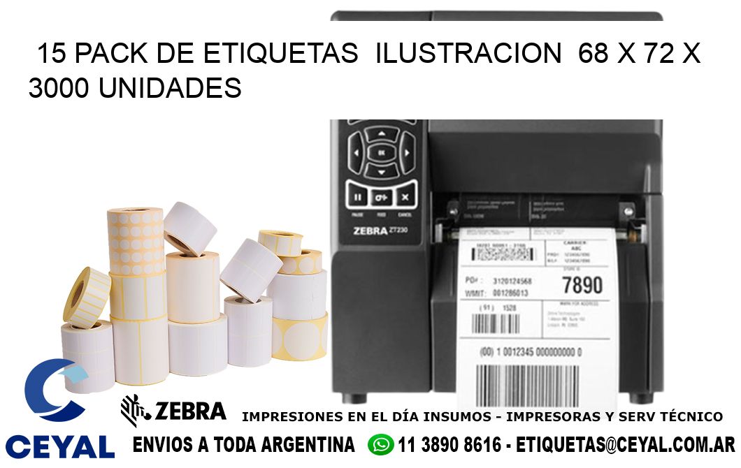 15 PACK DE ETIQUETAS  ILUSTRACION  68 x 72 X 3000 UNIDADES