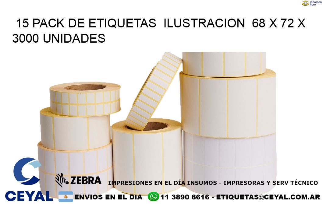 15 PACK DE ETIQUETAS  ILUSTRACION  68 x 72 X 3000 UNIDADES