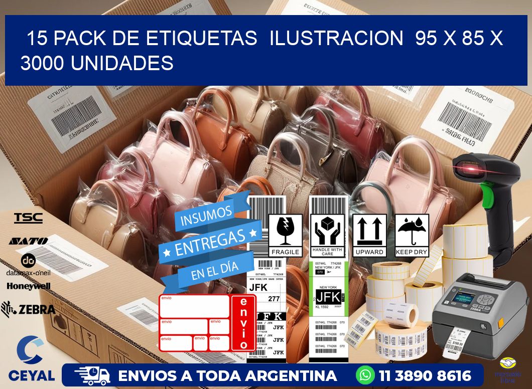 15 PACK DE ETIQUETAS  ILUSTRACION  95 x 85 X 3000 UNIDADES