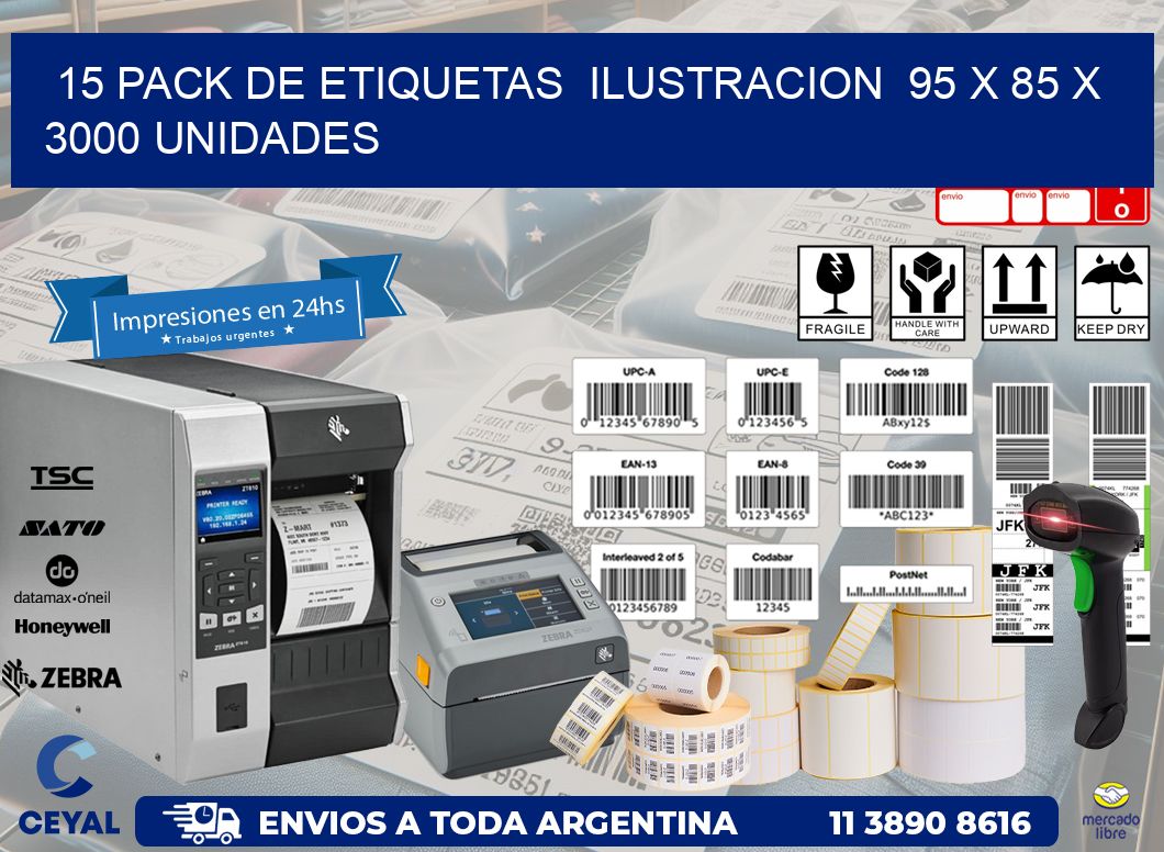 15 PACK DE ETIQUETAS  ILUSTRACION  95 x 85 X 3000 UNIDADES