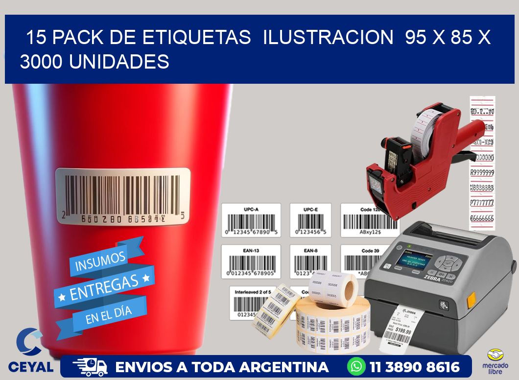 15 PACK DE ETIQUETAS  ILUSTRACION  95 x 85 X 3000 UNIDADES