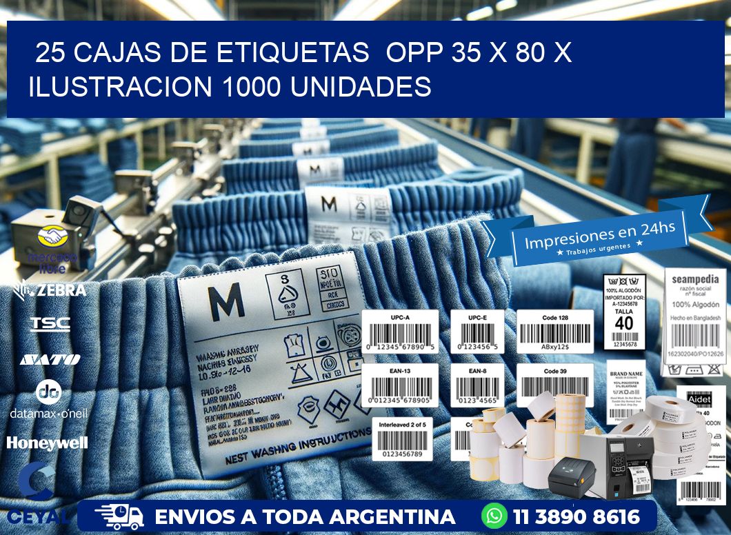 25 CAJAS DE ETIQUETAS  OPP 35 x 80 X ILUSTRACION 1000 UNIDADES