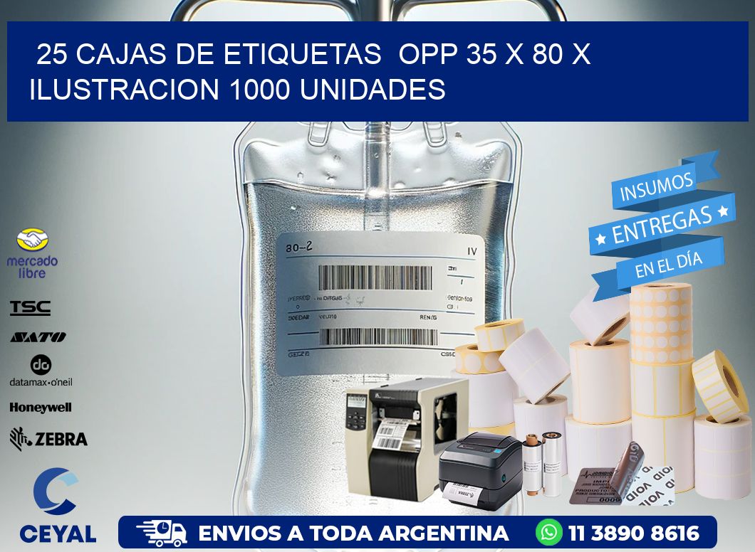 25 CAJAS DE ETIQUETAS  OPP 35 x 80 X ILUSTRACION 1000 UNIDADES