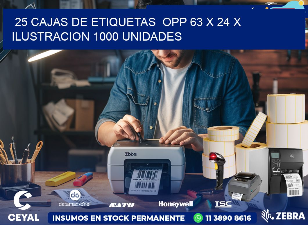 25 CAJAS DE ETIQUETAS  OPP 63 x 24 X ILUSTRACION 1000 UNIDADES