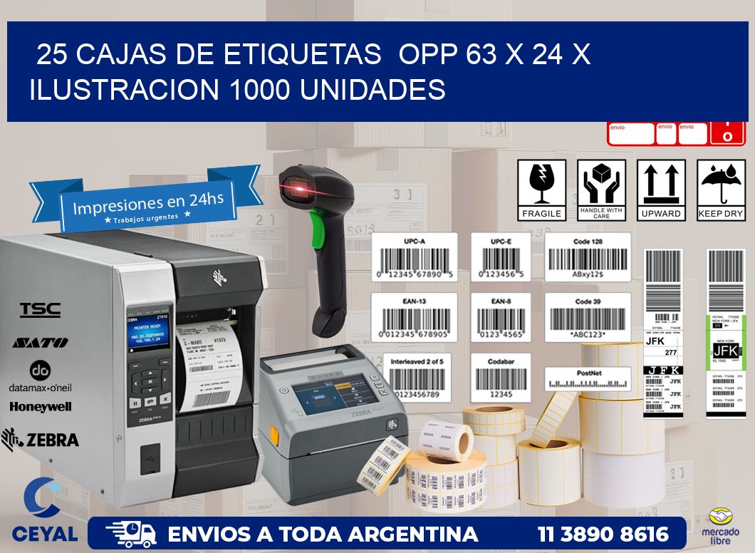 25 CAJAS DE ETIQUETAS  OPP 63 x 24 X ILUSTRACION 1000 UNIDADES