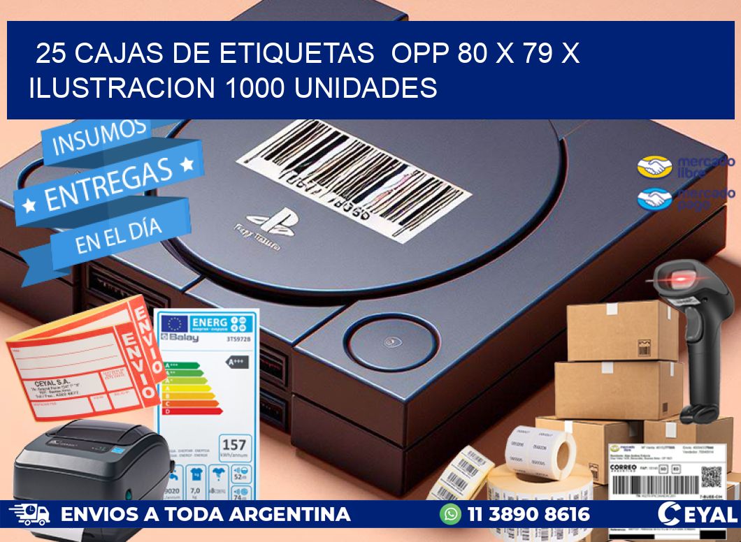 25 CAJAS DE ETIQUETAS  OPP 80 x 79 X ILUSTRACION 1000 UNIDADES