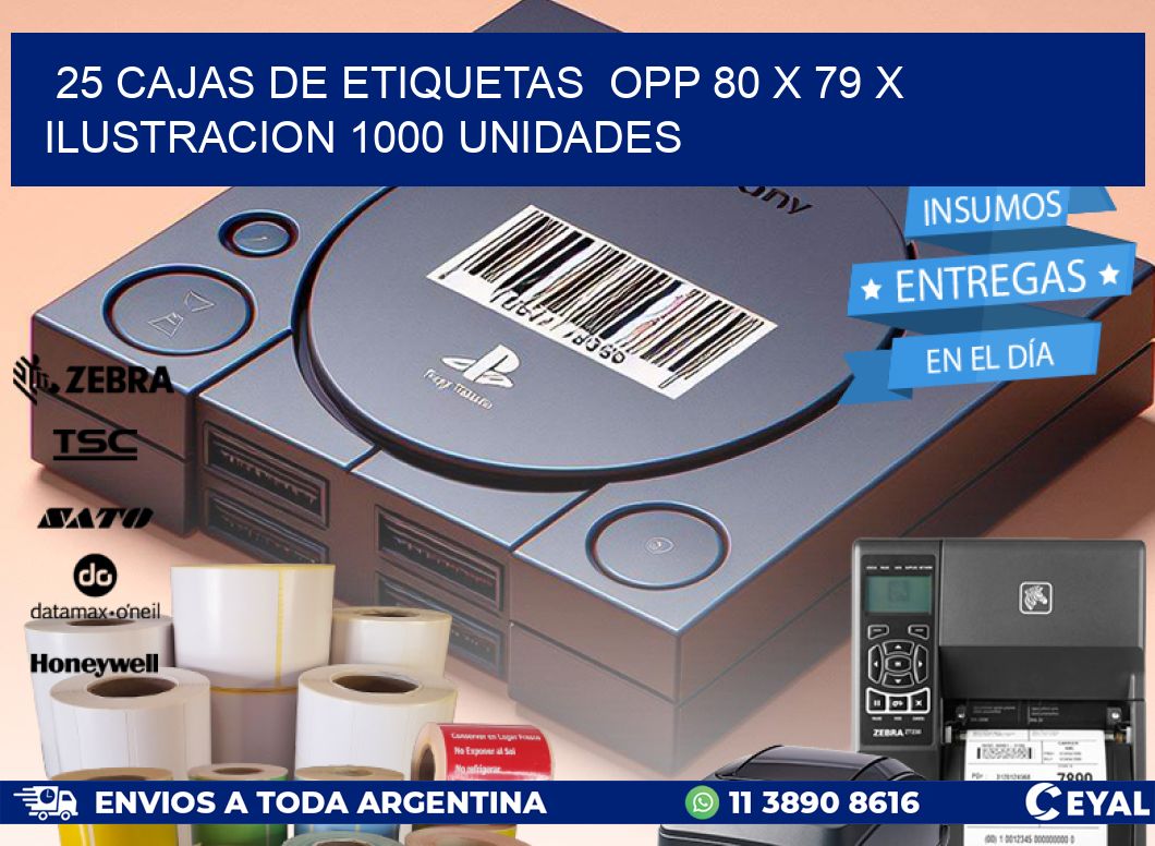25 CAJAS DE ETIQUETAS  OPP 80 x 79 X ILUSTRACION 1000 UNIDADES
