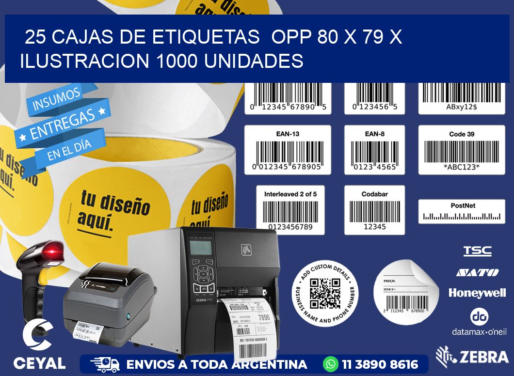 25 CAJAS DE ETIQUETAS  OPP 80 x 79 X ILUSTRACION 1000 UNIDADES