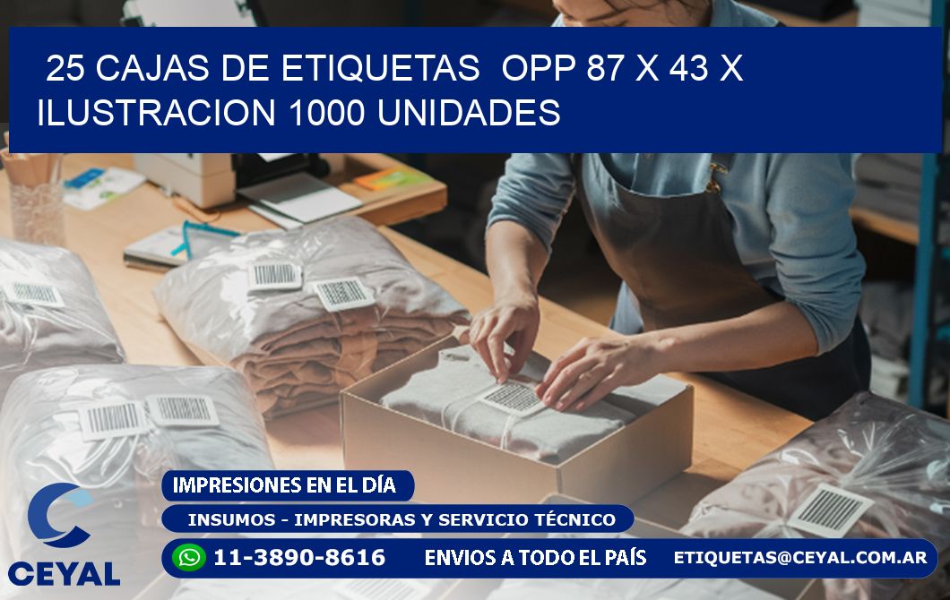 25 CAJAS DE ETIQUETAS  OPP 87 x 43 X ILUSTRACION 1000 UNIDADES