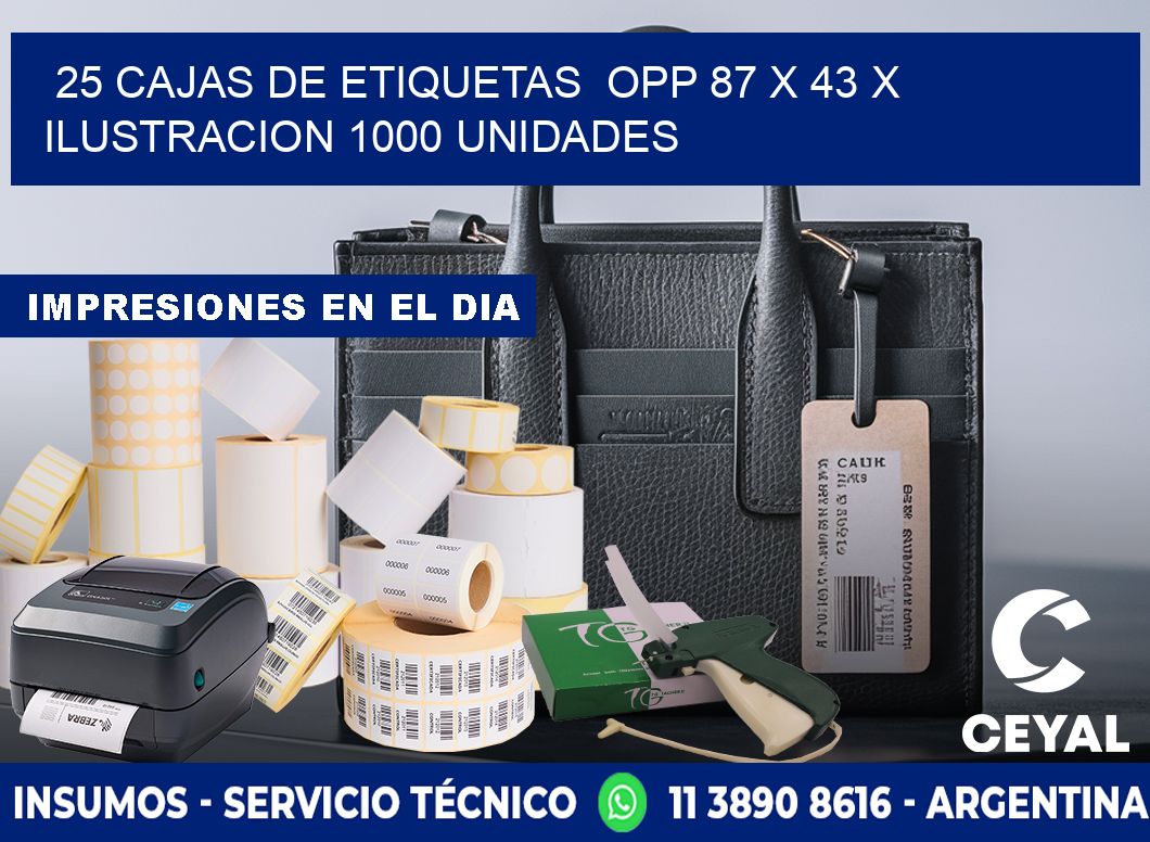 25 CAJAS DE ETIQUETAS  OPP 87 x 43 X ILUSTRACION 1000 UNIDADES