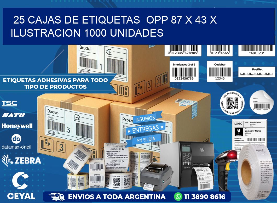 25 CAJAS DE ETIQUETAS  OPP 87 x 43 X ILUSTRACION 1000 UNIDADES