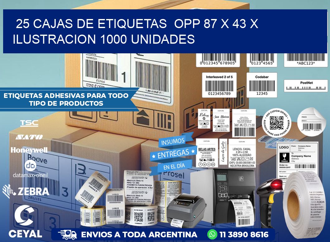 25 CAJAS DE ETIQUETAS  OPP 87 x 43 X ILUSTRACION 1000 UNIDADES