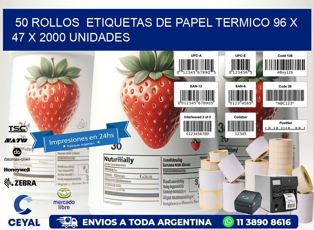 50 ROLLOS  ETIQUETAS DE PAPEL TERMICO 96 x 47 X 2000 UNIDADES