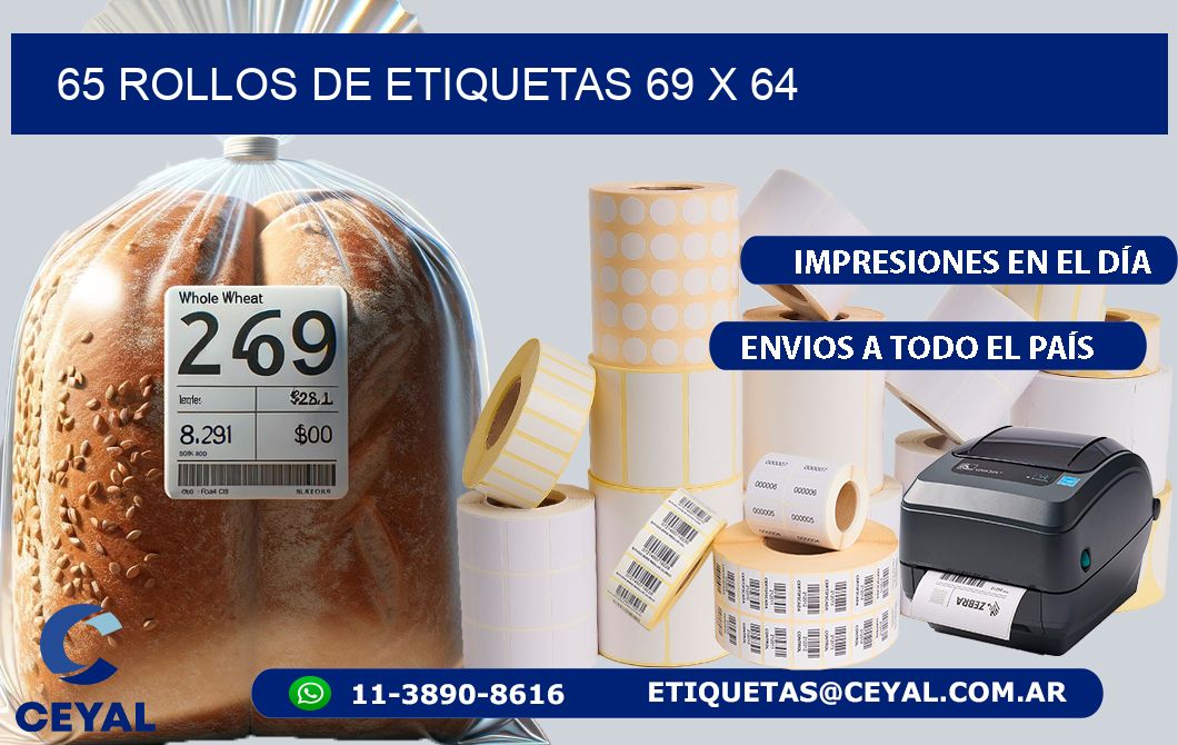 65 ROLLOS DE ETIQUETAS 69 x 64