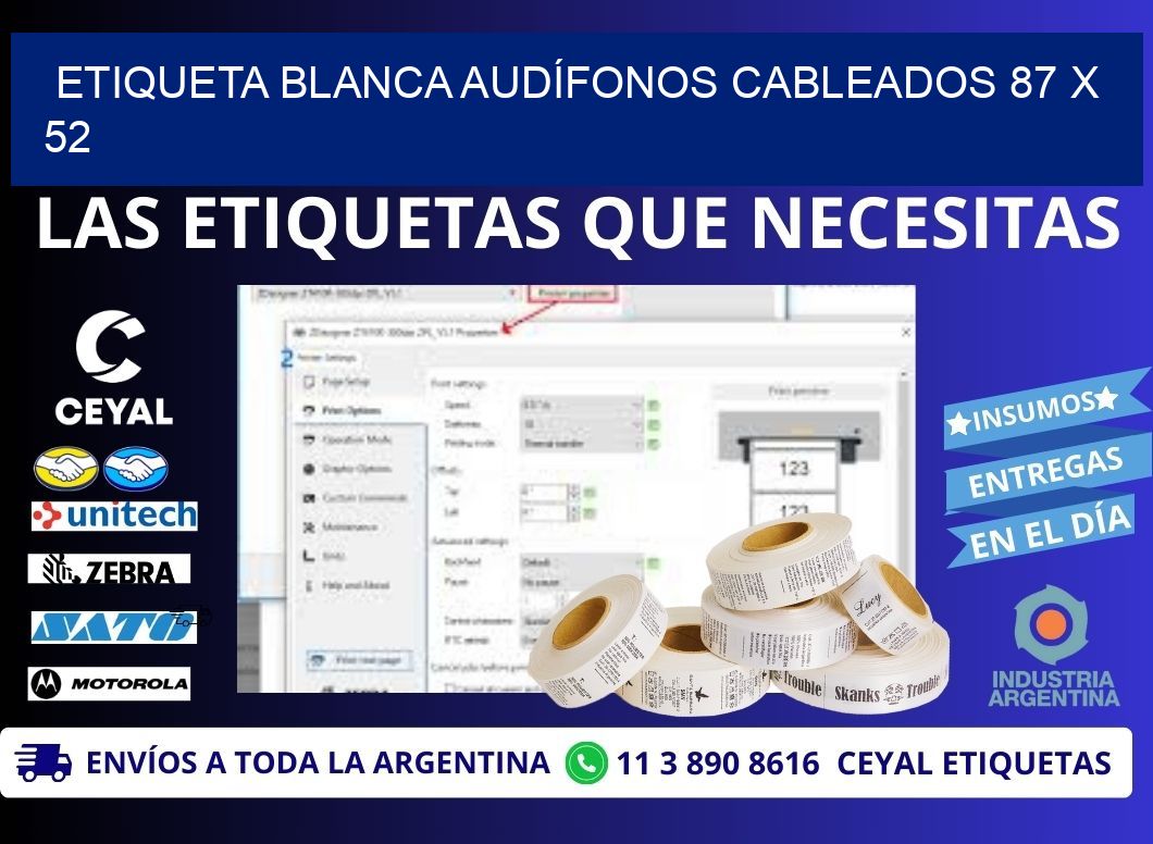 ETIQUETA BLANCA AUDÍFONOS CABLEADOS 87 x 52