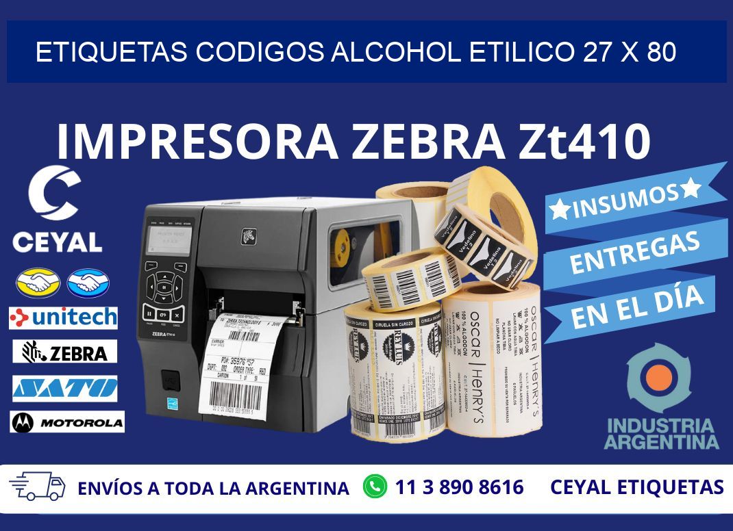 ETIQUETAS CODIGOS ALCOHOL ETILICO 27 x 80