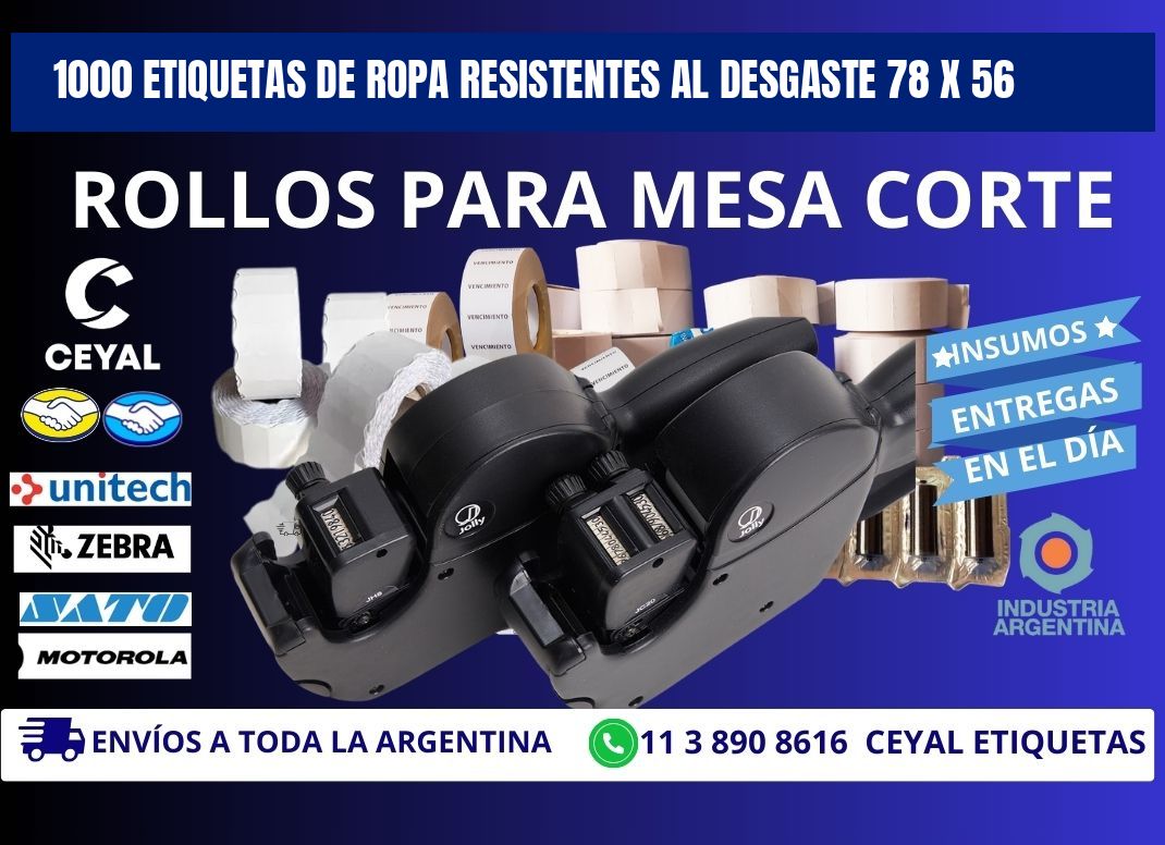 1000 ETIQUETAS DE ROPA RESISTENTES AL DESGASTE 78 x 56