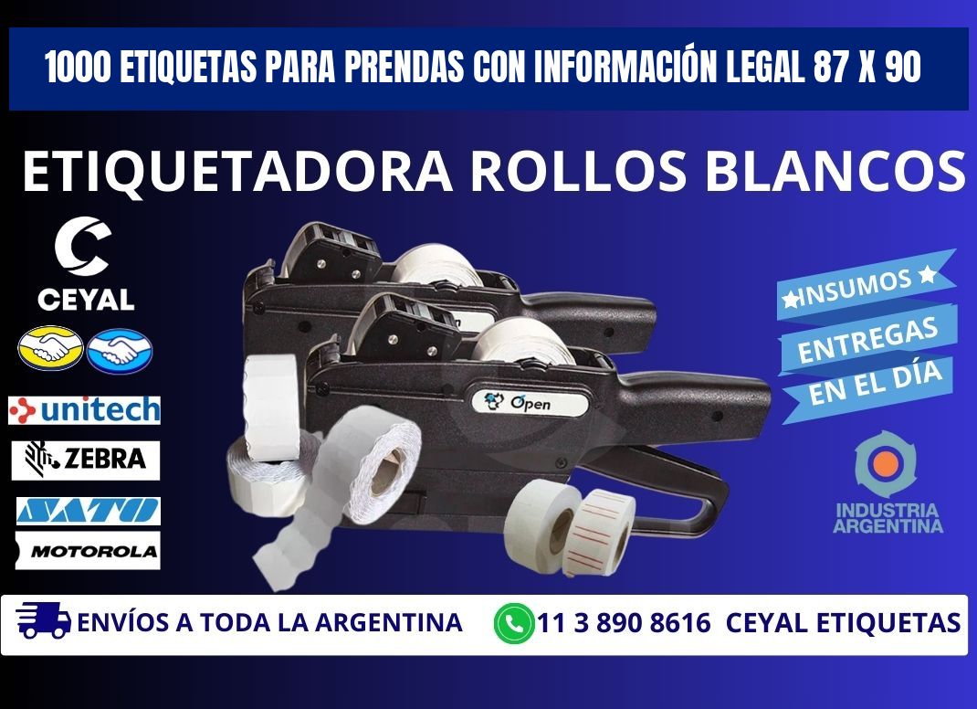 1000 ETIQUETAS PARA PRENDAS CON INFORMACIÓN LEGAL 87 x 90