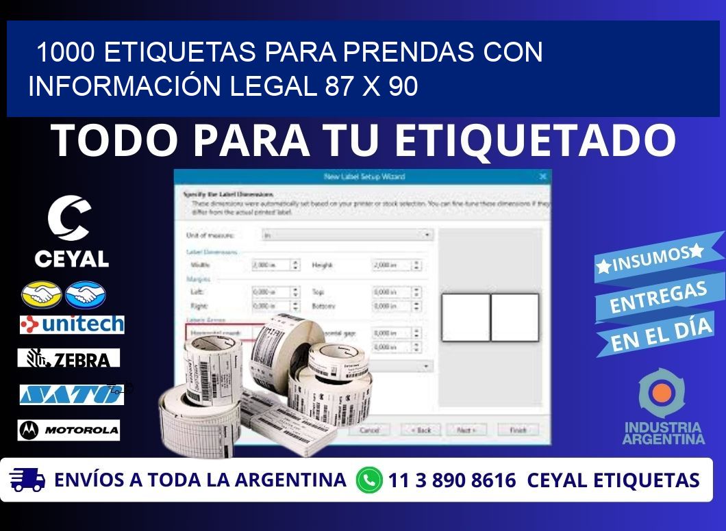 1000 ETIQUETAS PARA PRENDAS CON INFORMACIÓN LEGAL 87 x 90