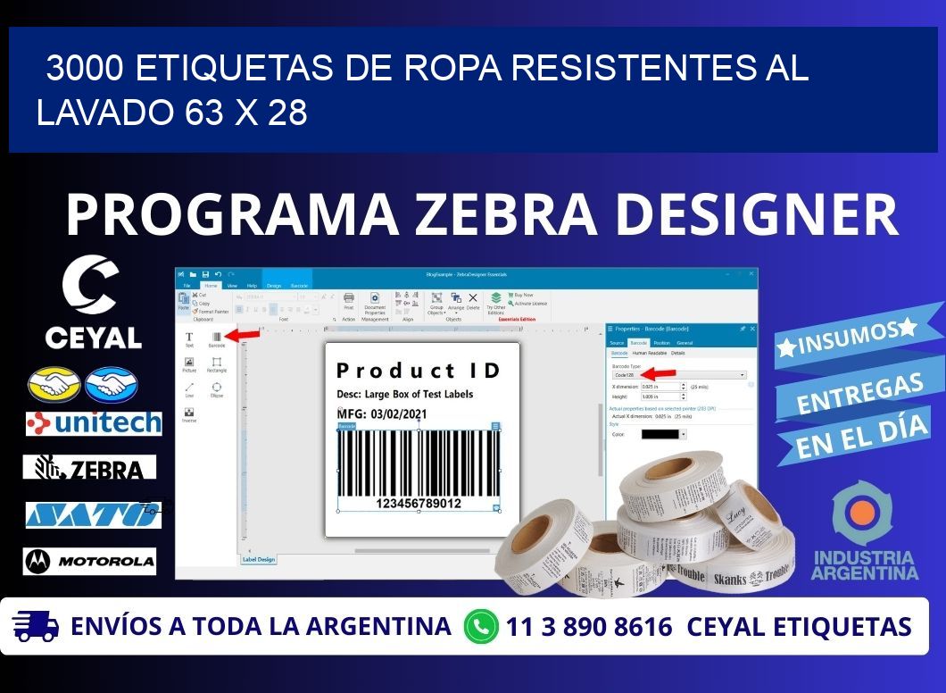 3000 ETIQUETAS DE ROPA RESISTENTES AL LAVADO 63 x 28