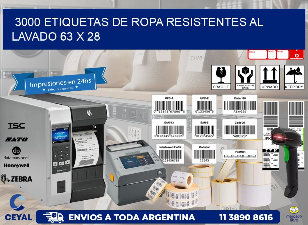 3000 ETIQUETAS DE ROPA RESISTENTES AL LAVADO 63 x 28