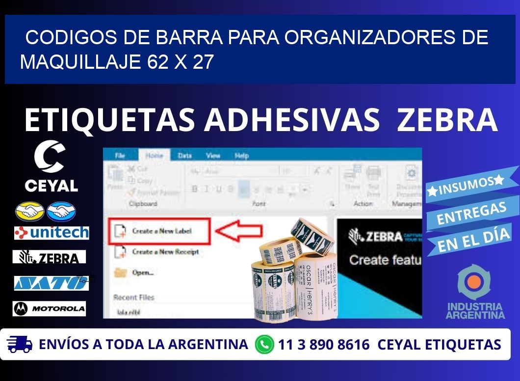 CODIGOS DE BARRA PARA ORGANIZADORES DE MAQUILLAJE 62 x 27