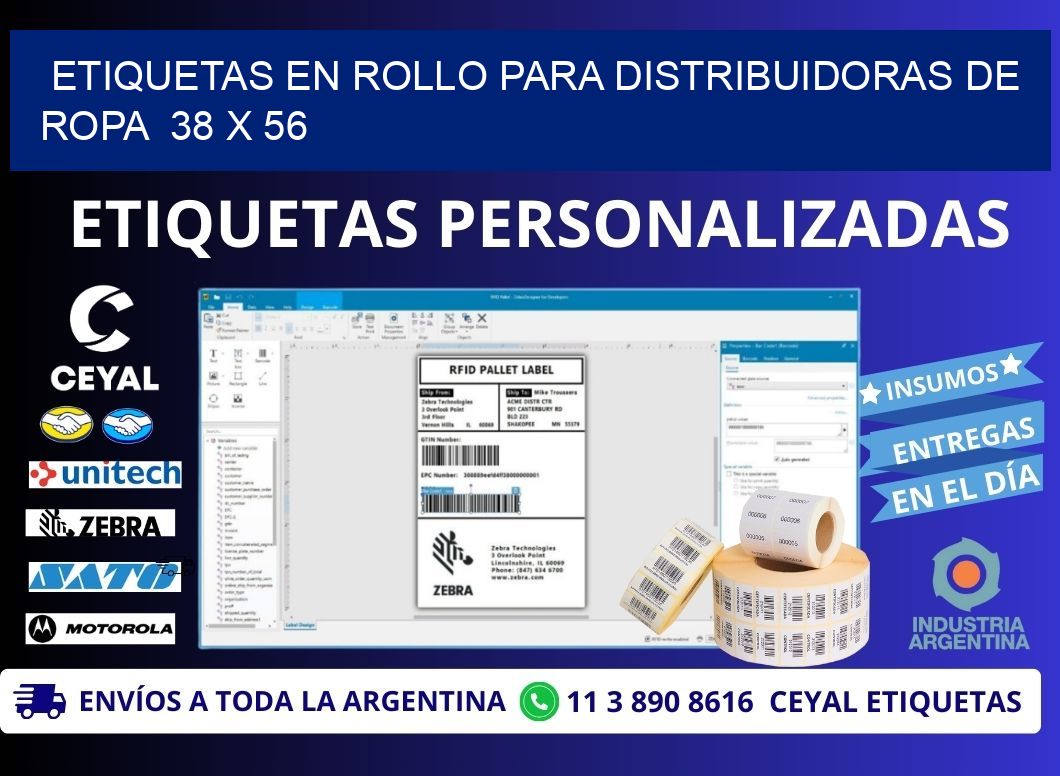 ETIQUETAS EN ROLLO PARA DISTRIBUIDORAS DE ROPA  38 x 56