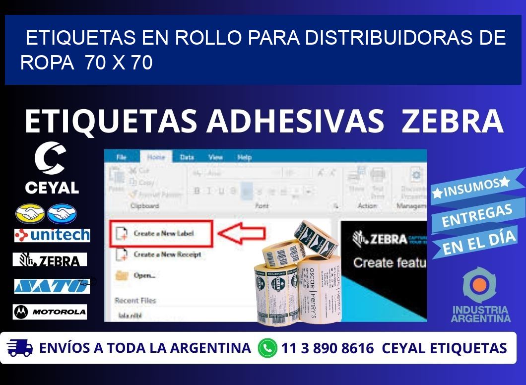 ETIQUETAS EN ROLLO PARA DISTRIBUIDORAS DE ROPA  70 x 70