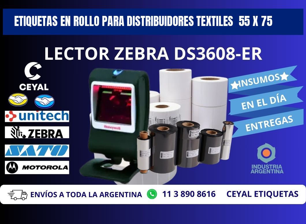 ETIQUETAS EN ROLLO PARA DISTRIBUIDORES TEXTILES  55 x 75