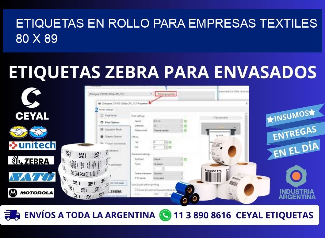 ETIQUETAS EN ROLLO PARA EMPRESAS TEXTILES  80 x 89