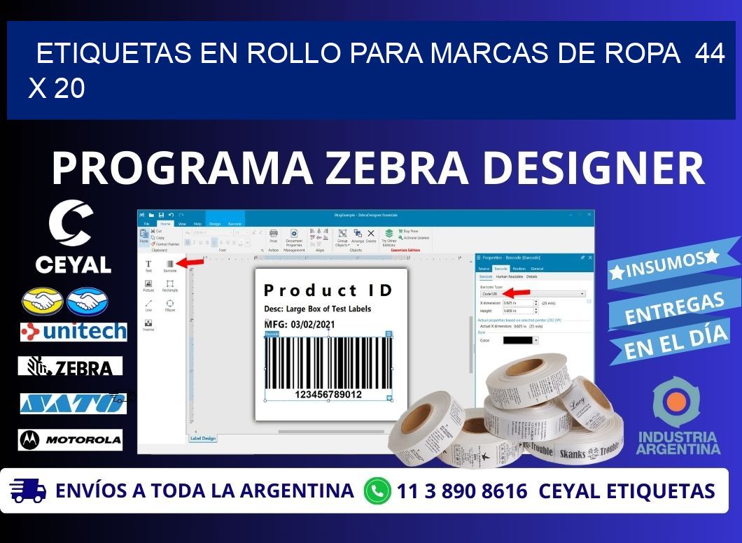 ETIQUETAS EN ROLLO PARA MARCAS DE ROPA 44 x 20
