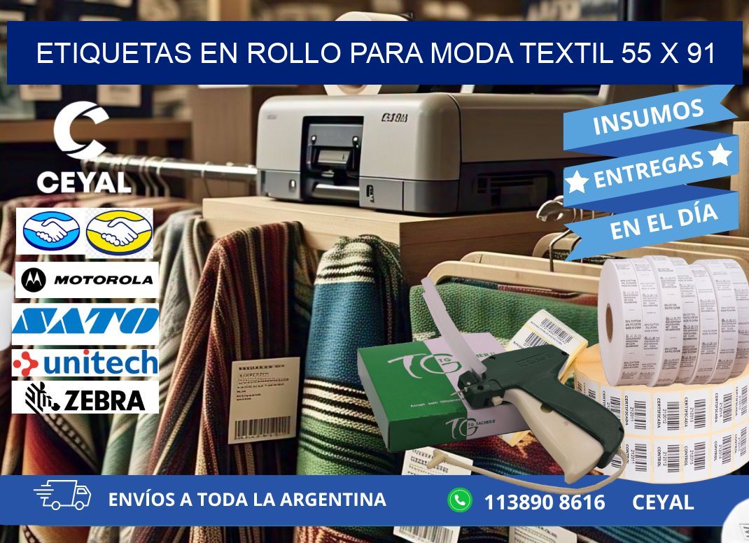 ETIQUETAS EN ROLLO PARA MODA TEXTIL 55 x 91